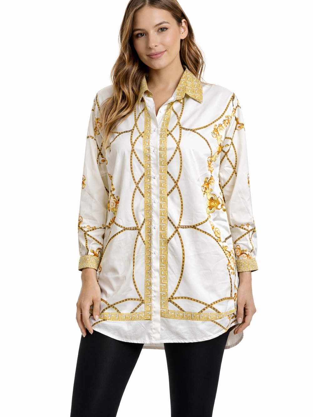 AKIRA White and Gold Luxury Designer Inspired Printed Tunic Top 3/4 sleeves